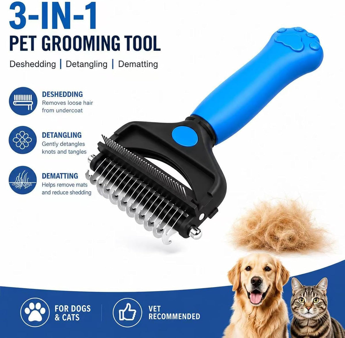 Deshedding Dog Brush,3-In-1 Undercoat Rake for Dogs (Blue)