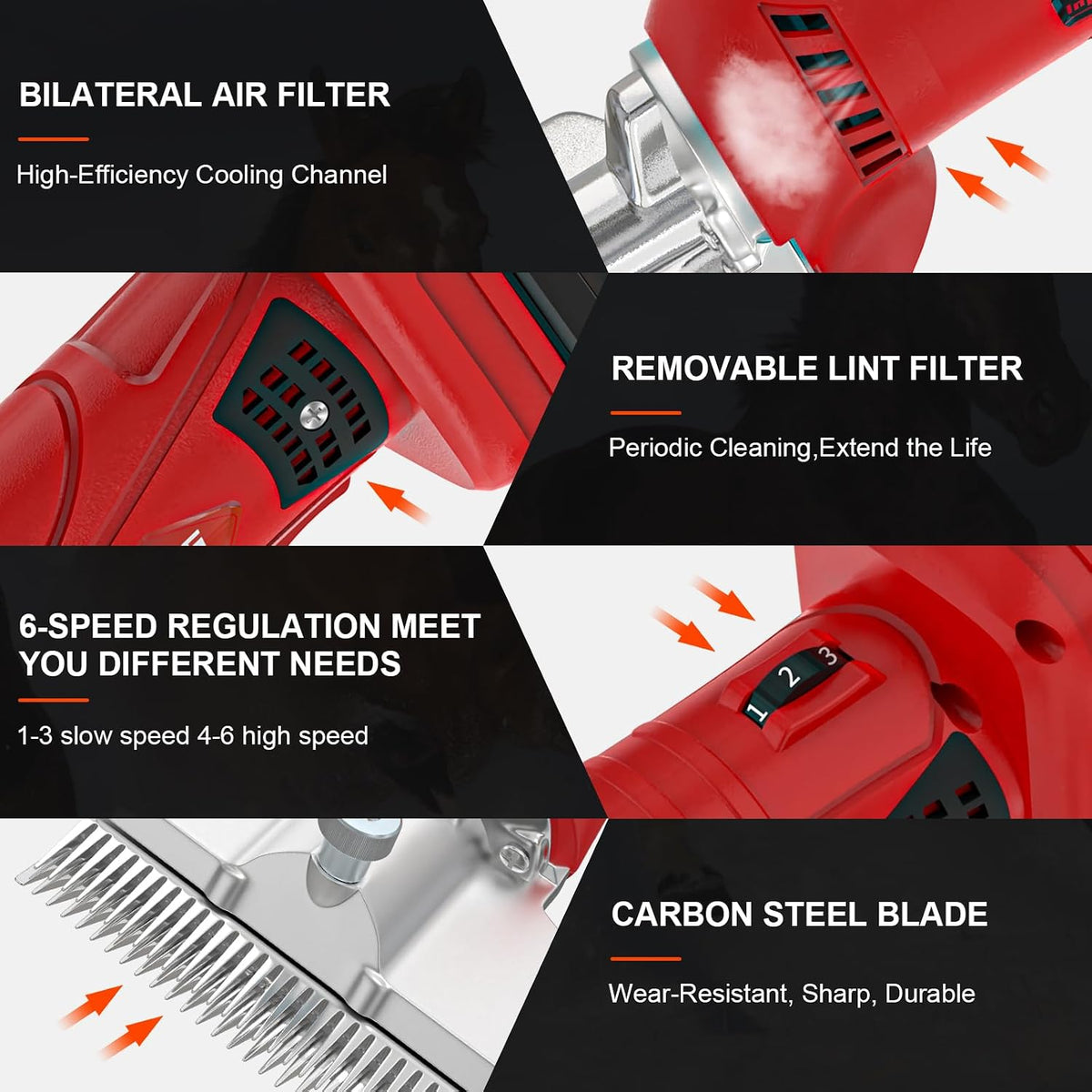 Cordless Horse Clippers,500W Heavy Duty Horse Grooming Clippers with 2 PCS Rechargeable 3000Mah Lithium Battery,6 Speed Professional Horse Grooming Kit for Thick Coat Animals