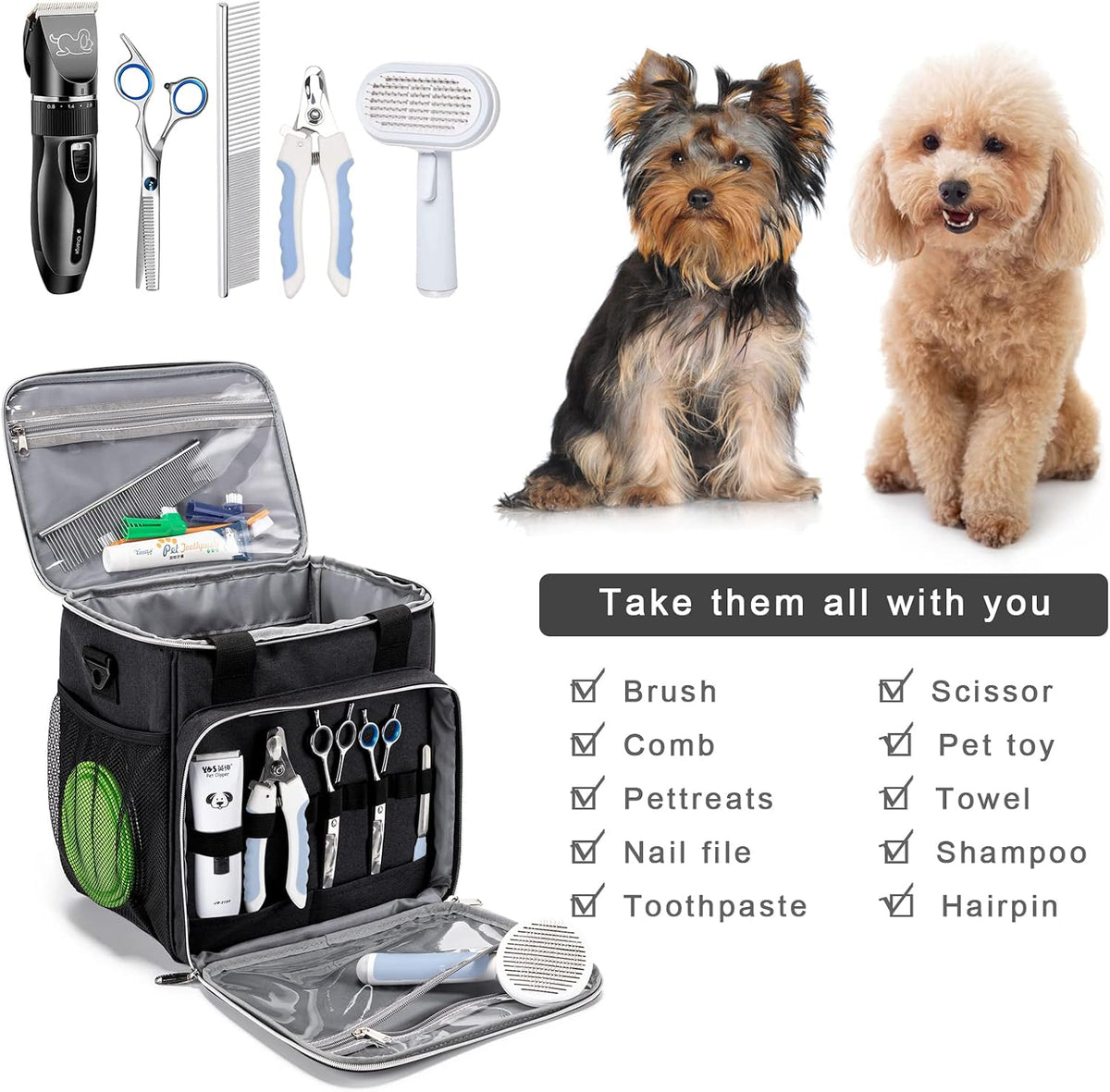 Pet Grooming Bag, Dog Grooming Supplies Organizer Tote Bag, Perfect for Pet Grooming Tool Kit Accessories-Black