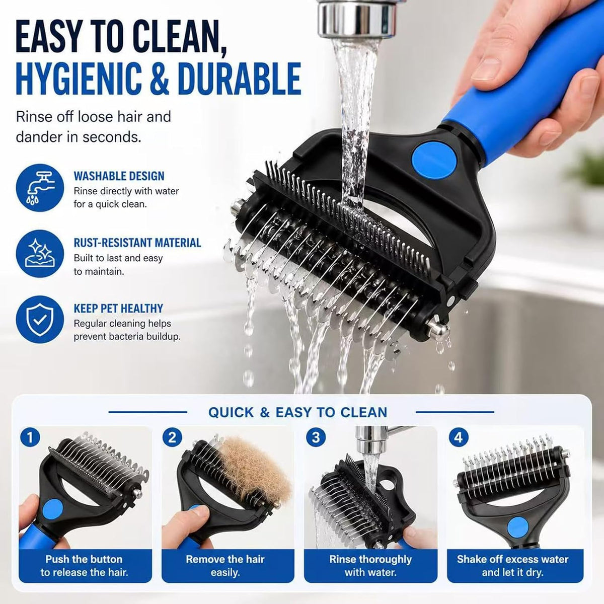 Deshedding Dog Brush，3-In-1 Undercoat Rake for Dogs (Blue)