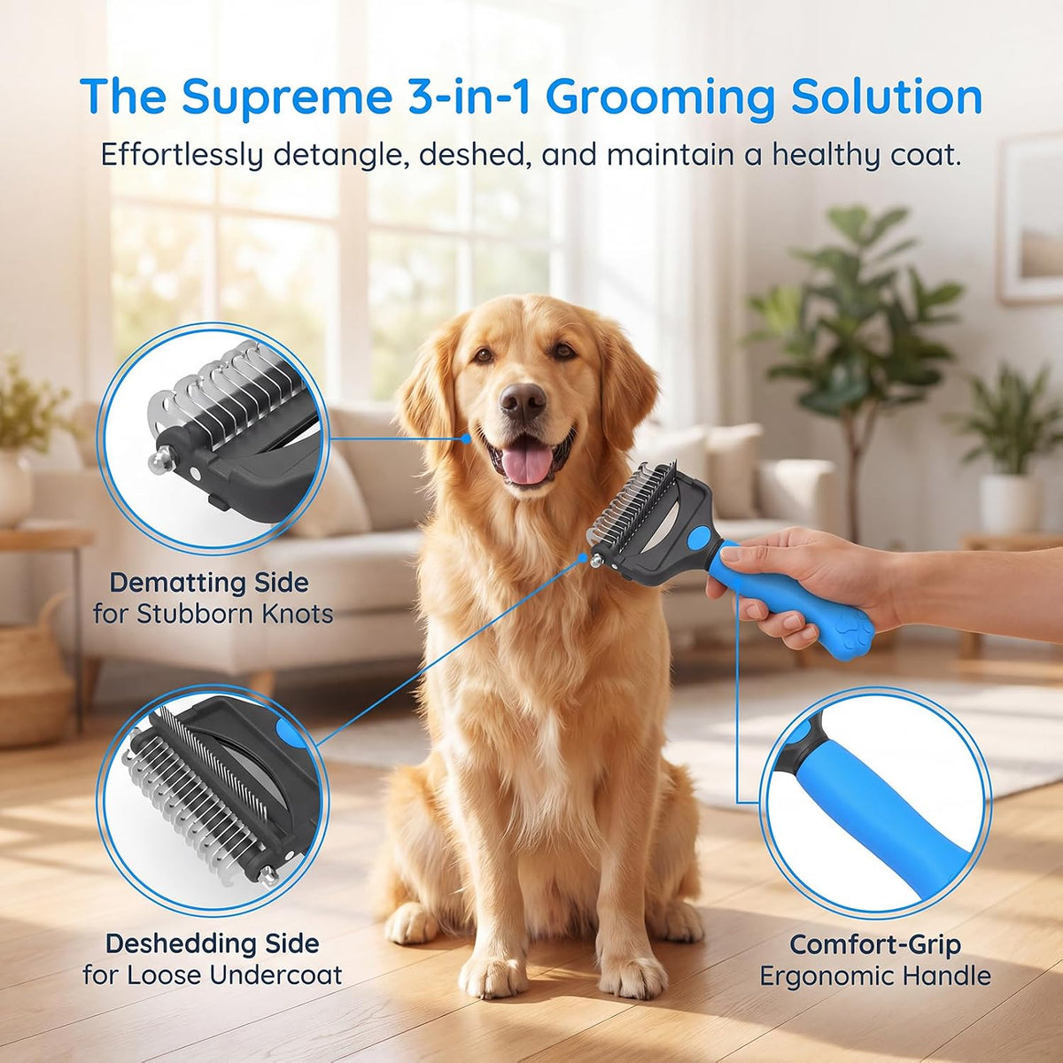 Deshedding Dog Brush，3-In-1 Undercoat Rake for Dogs (Blue)
